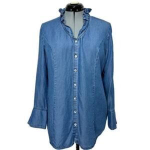 Soft Surroundings Women's Ruffle‎ Collar  Chambray Button-Down Shirt - XL